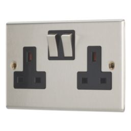 Contactum Iconic 13A 2-Gang DP Switched Socket Outlet Brushed Steel  with Black Inserts