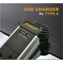 Stanley 13A 4-Gang Unswitched  Power Strip + 2.3A 2-Outlet Type A USB Charger Black 3m