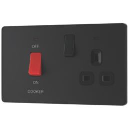 British General Evolve 45A 2-Gang 2-Pole Cooker Switch & 13A DP Switched Socket Matt Black with LED with Black Inserts
