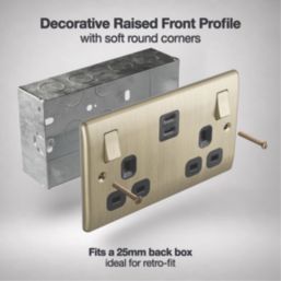 British General Nexus Metal 13A 2-Gang SP Switched Socket + 3.25A 65W 2-Outlet Type C USB Charger Antique Brass with Black Inserts