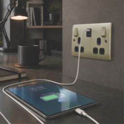 British General Nexus Metal 13A 2-Gang SP Switched Socket + 3.25A 65W 2-Outlet Type C USB Charger Antique Brass with Black Inserts