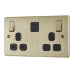 British General Nexus Metal 13A 2-Gang SP Switched Socket + 3.25A 65W 2-Outlet Type C USB Charger Antique Brass with Black Inserts