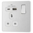 British General Evolve 13A 1-Gang SP Switched Socket + 3A 18W 2-Outlet Type A & C USB Charger Brushed Steel with White Inserts