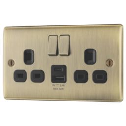 British General Nexus Metal 13A 2-Gang SP Switched Socket + 2.4A 12W 2-Outlet Type A & C USB Charger Antique Brass with Black Inserts