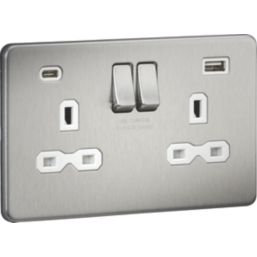 Knightsbridge  13A 2-Gang SP Switched Socket + 4.0A 20W 2-Outlet Type A & C USB Charger Brushed Chrome with White Inserts