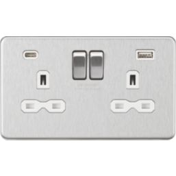 Knightsbridge  13A 2-Gang SP Switched Socket + 4.0A 20W 2-Outlet Type A & C USB Charger Brushed Chrome with White Inserts