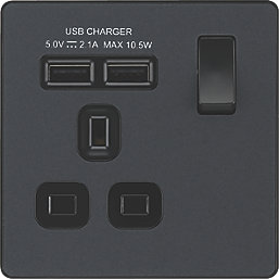 British General Evolve 13A 1-Gang SP Switched Socket + 2.1A 10.5W 2-Outlet Type A USB Charger Grey with Black Inserts