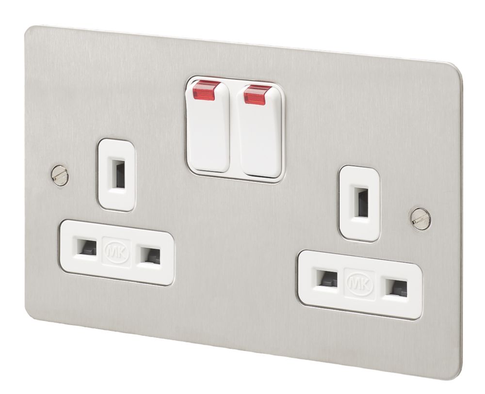 MK Edge 13A 2-Gang DP Switched Plug Socket Brushed Stainless Steel with ...