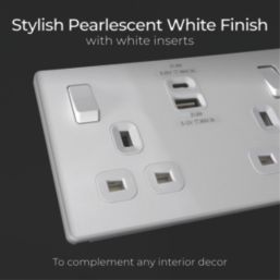 British General Evolve 13A 2-Gang SP Switched Socket + 3A 22W 2-Outlet Type A & C USB Charger Pearlescent White with White Inserts