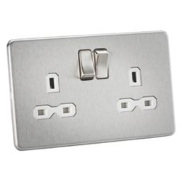 Knightsbridge  13A 2-Gang DP Switched Double Socket Brushed Chrome  with White Inserts
