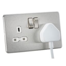 Knightsbridge  13A 2-Gang DP Switched Double Socket Brushed Chrome  with White Inserts