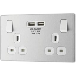 British General Evolve 13A 2-Gang SP Switched Socket + 3.1A 15.5W 2-Outlet Type A USB Charger Brushed Steel with White Inserts