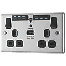LAP  13A 2-Gang SP Switched Wi-Fi Extender + 2.1A 1-Outlet Type A USB Charger Brushed Steel with Black Inserts