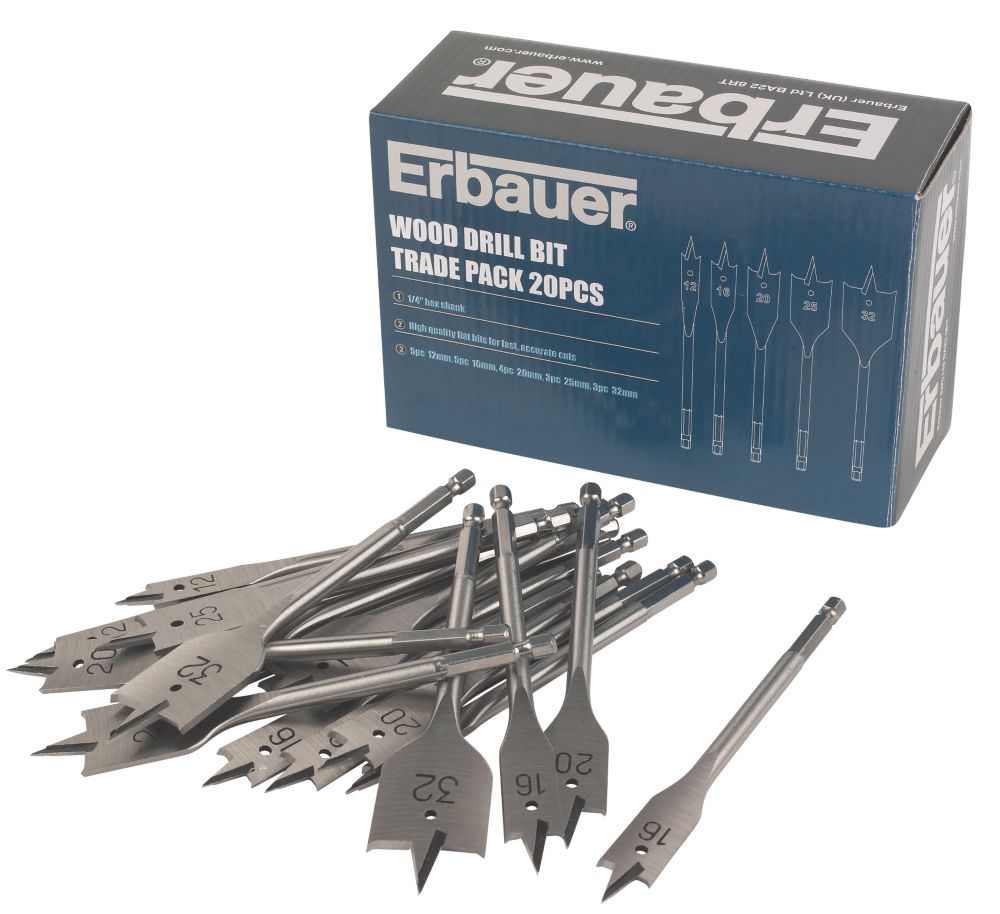 Erbauer Hex Shank Flat Wood Drill Bit Trade Pack 20 Pcs Screwfix