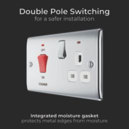 British General Nexus Metal 45A 2-Gang DP Cooker Switch & 13A DP Switched Socket Polished Chrome with LED with White Inserts