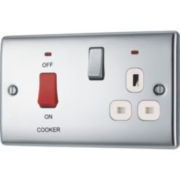 British General Nexus Metal 45A 2-Gang DP Cooker Switch & 13A DP Switched Socket Polished Chrome with LED with White Inserts