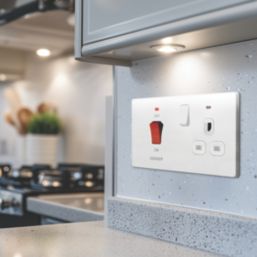 British General Evolve 45A 2-Gang 2-Pole Cooker Switch & 13A DP Switched Socket Pearlescent White with LED with White Inserts