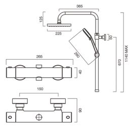 Meda Rear-Fed Exposed Black Thermostatic Push Button Mixer Shower