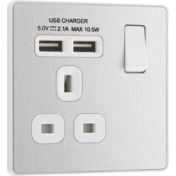 British General Evolve 13A 1-Gang SP Switched Socket + 2.1A 10.5W 2-Outlet Type A USB Charger Brushed Steel with White Inserts