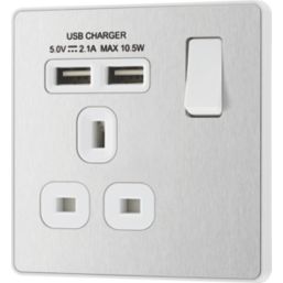 British General Evolve 13A 1-Gang SP Switched Socket + 2.1A 10.5W 2-Outlet Type A USB Charger Brushed Steel with White Inserts