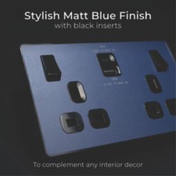 British General Evolve 13A 2-Gang SP Switched Socket + 3A 45W 2-Outlet Type A & C USB Charger Blue with Black Inserts