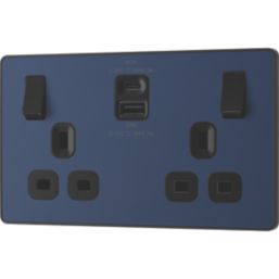 British General Evolve 13A 2-Gang SP Switched Socket + 3A 45W 2-Outlet Type A & C USB Charger Blue with Black Inserts