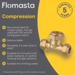 Flomasta  Brass Compression Reducing Tee 15mm x 15mm x 22mm