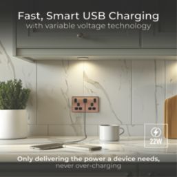 British General Evolve 13A 2-Gang SP Switched Socket + 3A 22W 2-Outlet Type A & C USB Charger Copper with Black Inserts