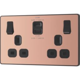 British General Evolve 13A 2-Gang SP Switched Socket + 3A 22W 2-Outlet Type A & C USB Charger Copper with Black Inserts