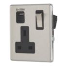 Contactum Lyric 13A 1-Gang DP Switched Socket + 3.1A 15.5W 1-Outlet Type A & C USB Charger Brushed Stainless Steel with Black Inserts