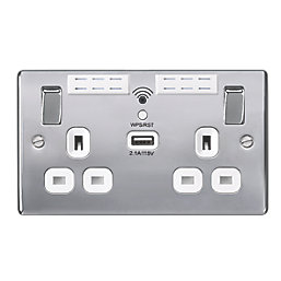 British General Nexus Metal 13A 2-Gang SP Switched Wi-Fi Extender Socket + 2.1A 1-Outlet Type A USB Charger Polished Chrome with White Inserts