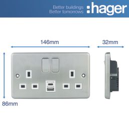 Hager Sollysta WRSS82BSW-USBAC 13A 2-Gang 2P+E Switched Socket + 3.1A 15.5W 2-Outlet Type A & C USB Charger Brushed Steel with White Inserts