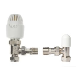 Drayton RT212 15mm x 1/2" White/Chrome Angled & L/S Traditional Thermostatic Radiator Valve & Lockshield