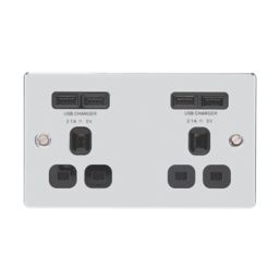 LAP  13A 2-Gang Unswitched Socket + 4.2A 10.5W 4-Outlet Type A USB Charger Polished Chrome with Black Inserts