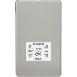 Knightsbridge  2-Gang Dual Voltage Shaver Socket 115 V / 230V Brushed Chrome with White Inserts
