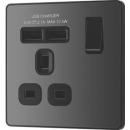 British General Evolve 13A 1-Gang SP Switched Socket + 2.1A 10.5W 2-Outlet Type A USB Charger Black Chrome with Black Inserts