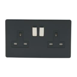 Varilight  13AX 2-Gang DP Switched Plug Socket Jet Black  with Black Inserts