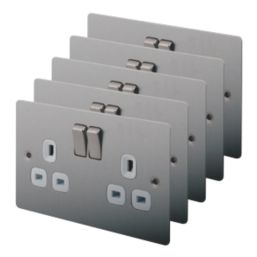LAP  13A 2-Gang DP Switched Plug Sockets Brushed Stainless Steel  with White Inserts 5 Pack