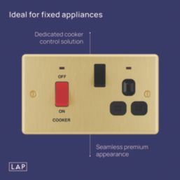 LAP  45A 2-Gang DP Cooker Switch & 13A Switched Socket Satin Brass  with Black Inserts
