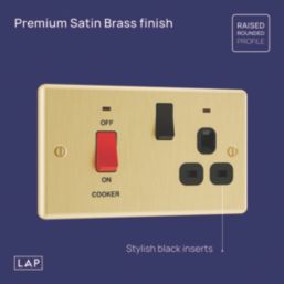LAP  45A 2-Gang DP Cooker Switch & 13A Switched Socket Satin Brass  with Black Inserts