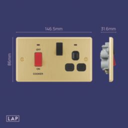 LAP  45A 2-Gang DP Cooker Switch & 13A Switched Socket Satin Brass  with Black Inserts