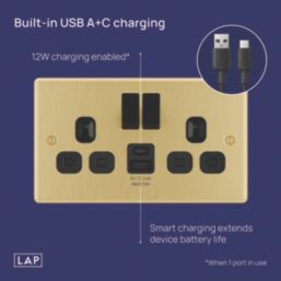 LAP  13A 2-Gang SP Switched Socket + 2.4A 12W 2-Outlet Type A & C USB Charger Satin Brass with Black Inserts