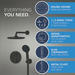 Grohe Precision 250 Round HP Rear-Fed Concealed Matt Black Thermostatic Shower System