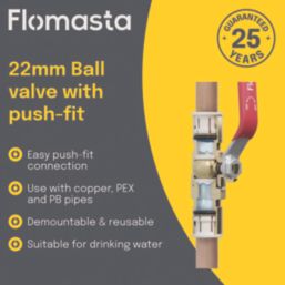 Flomasta  Push-Fit Full Bore 22mm Ball Valve with Red Handle