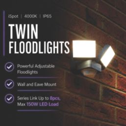 Brackenheath iSpot Swivel Outdoor LED Twin floodlight With PIR & Photocell Sensor Black 16.5W 2100lm