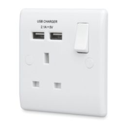 British General 800 Series 13A 1-Gang SP Switched Socket + 2.1A 10.5W 2-Outlet Type A USB Charger White