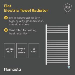 Flomasta 800mm x 500mm 853BTU Chrome Flat Electric Towel Radiator