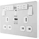 British General Evolve 13A 2-Gang SP Switched Double Socket With WiFi Extender + 2.1A 10.5W 1-Outlet Type A USB Charger Brushed Steel with White Inserts