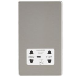Contactum Lyric 2-Gang Dual Voltage Shaver Socket 115 - 230V Brushed Steel with White Inserts