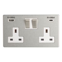 Contactum Lyric 13A 2-Gang DP Switched Socket + 4.8A 24W 2-Outlet Type A & C USB Charger Brushed Stainless Steel with White Inserts